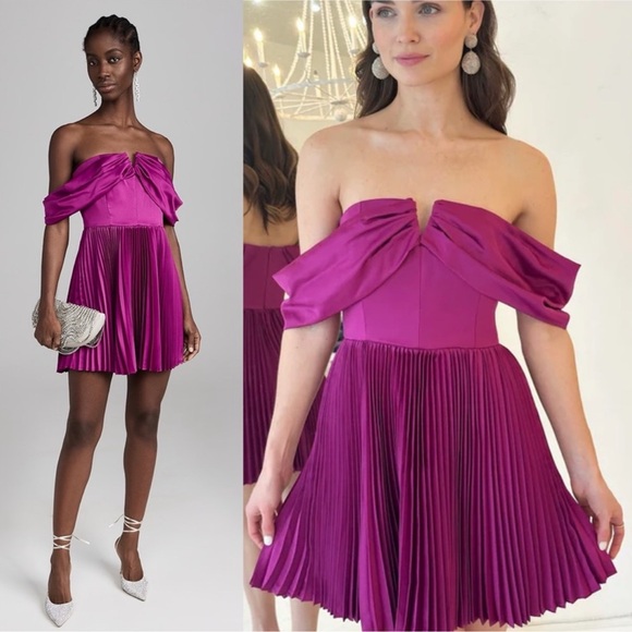 NEW Anthropologie Amur Tilly Pleated Off Shoulder Mini Dress Purple NWT - Picture 8 of 8
